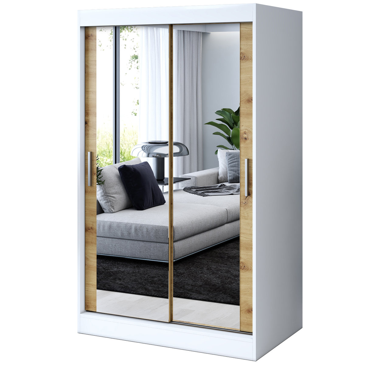 Szafa przesuwna 2 x Lustro 120x200 Karl , Biały mat / Dąb Artisan