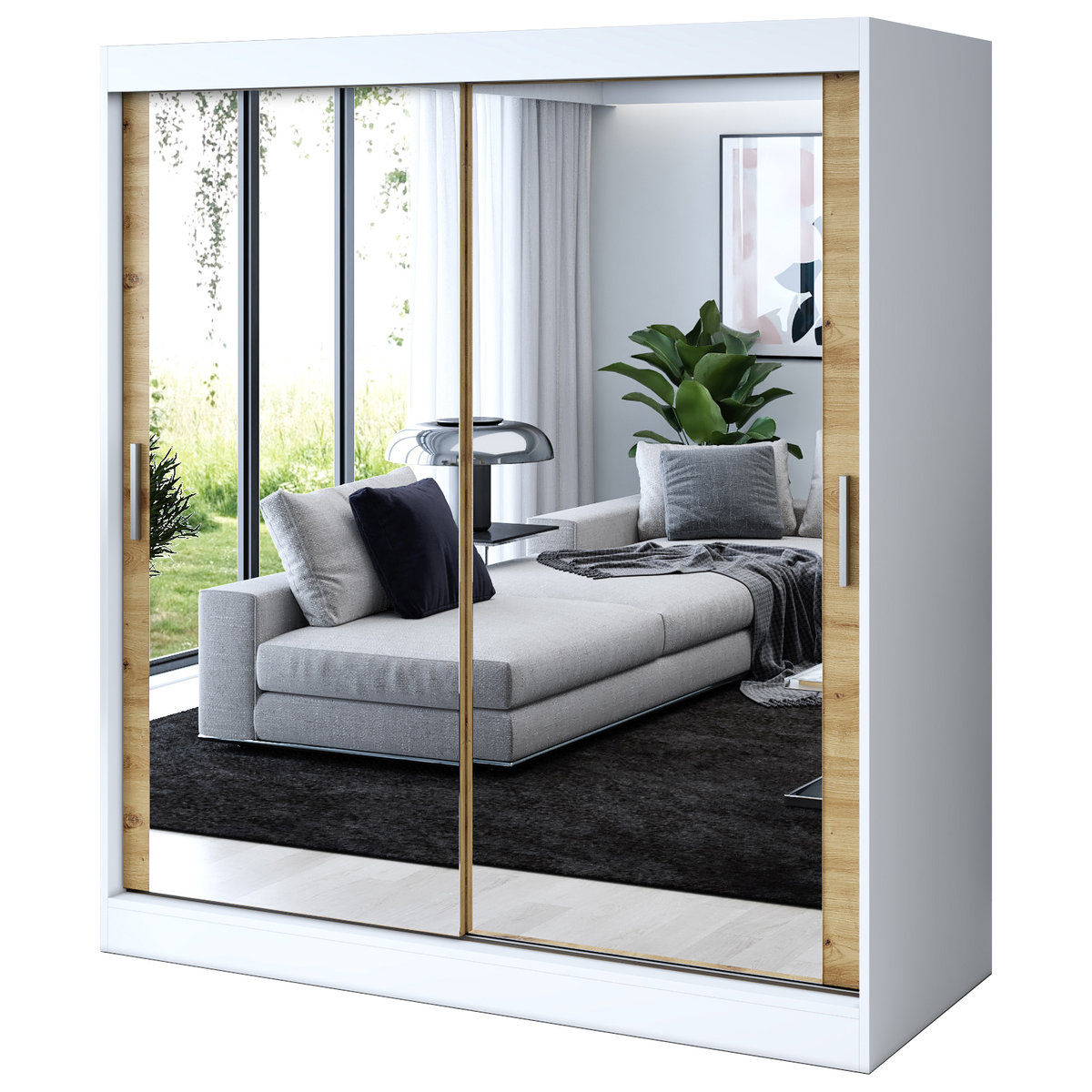 Szafa przesuwna 2x Lustro 180x200 Karl , Biały mat / Dąb Artisan