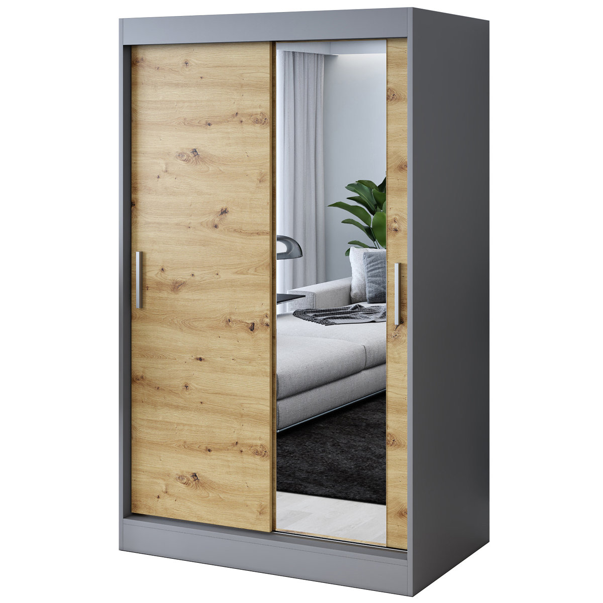 Szafa przesuwna 1 x lustro 120x200 Hugo , Antracyt mat / Dąb Artisan