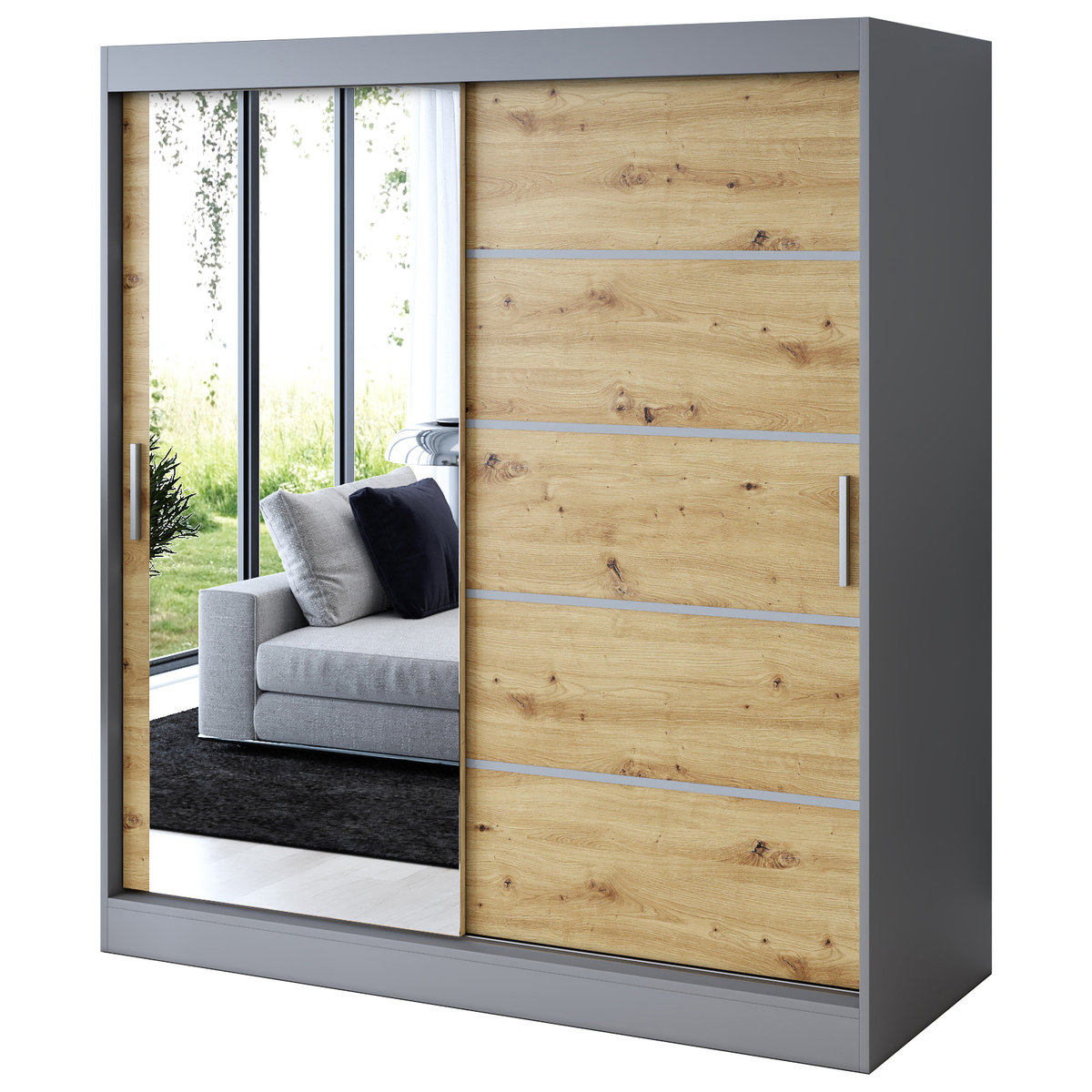 Szafa przesuwna 1 x Lustro 180x200 Ralf , Antracyt mat / Dąb Artisan