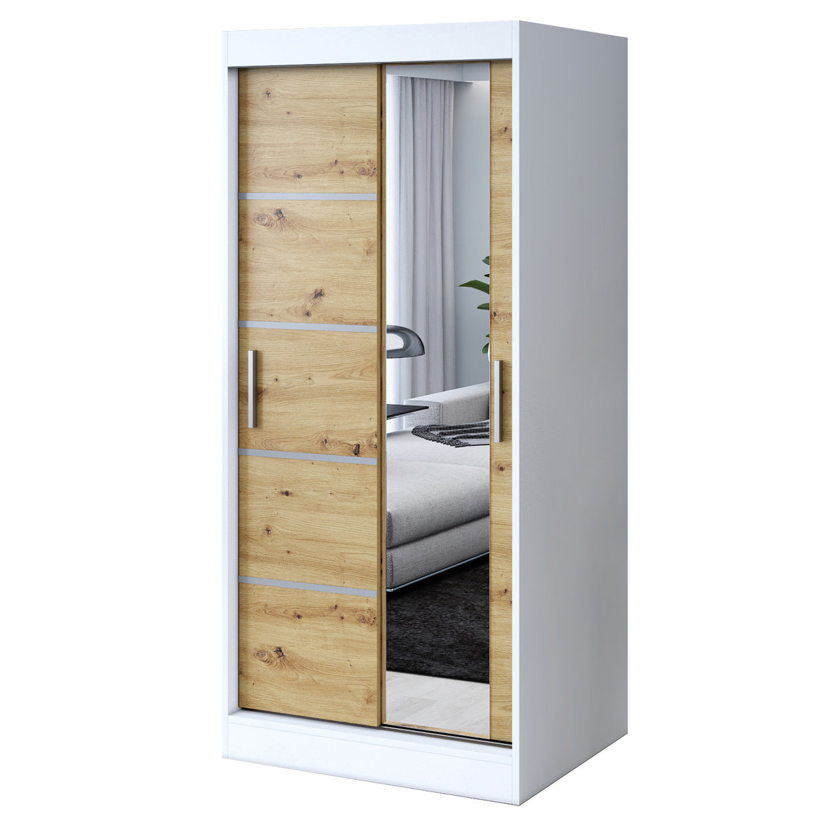 Szafa przesuwna 1x Lustro 90x200 Pepe, Biały Mat / Dąb Artisan