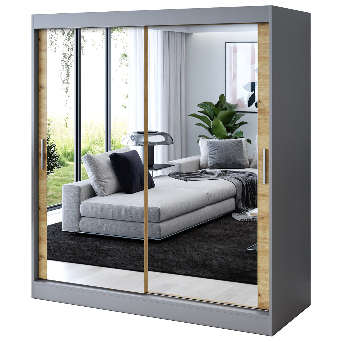 Szafa przesuwna 2x Lustro 180x200 Karl , Antracyt mat / Dąb Artisan