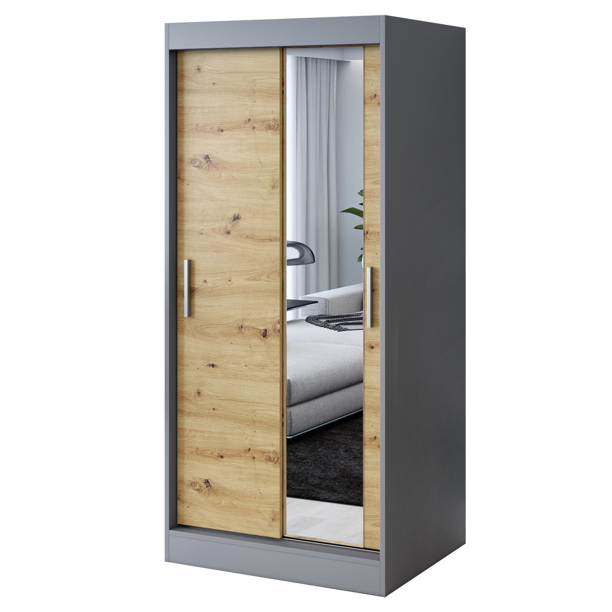 Szafa przesuwna 1x Lustro 90x200 Hugo, Antracyt Mat / Dąb Artisan