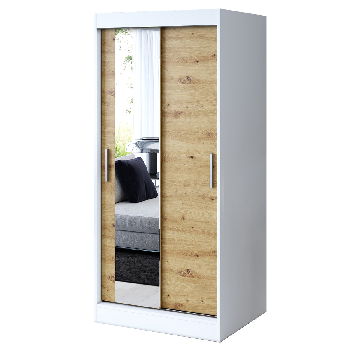 Szafa przesuwna 1x Lustro 90x200 Sofia, Biały mat / Dąb Artisan