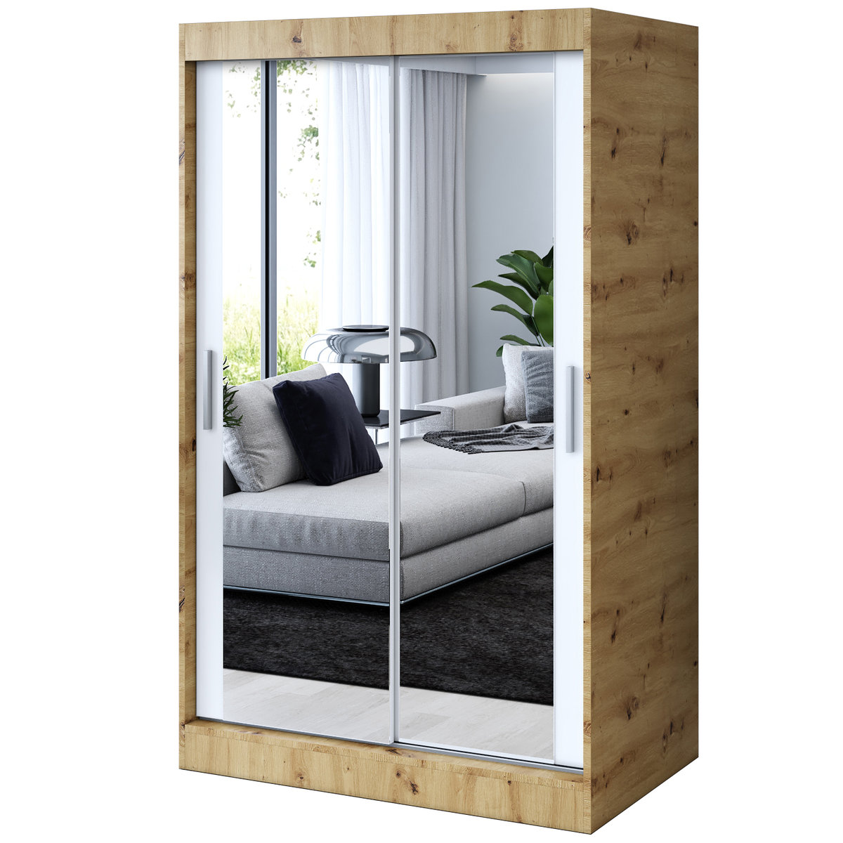 Szafa przesuwna 2 x Lustro 120x200 Karl , Dąb Artisan / Biały mat
