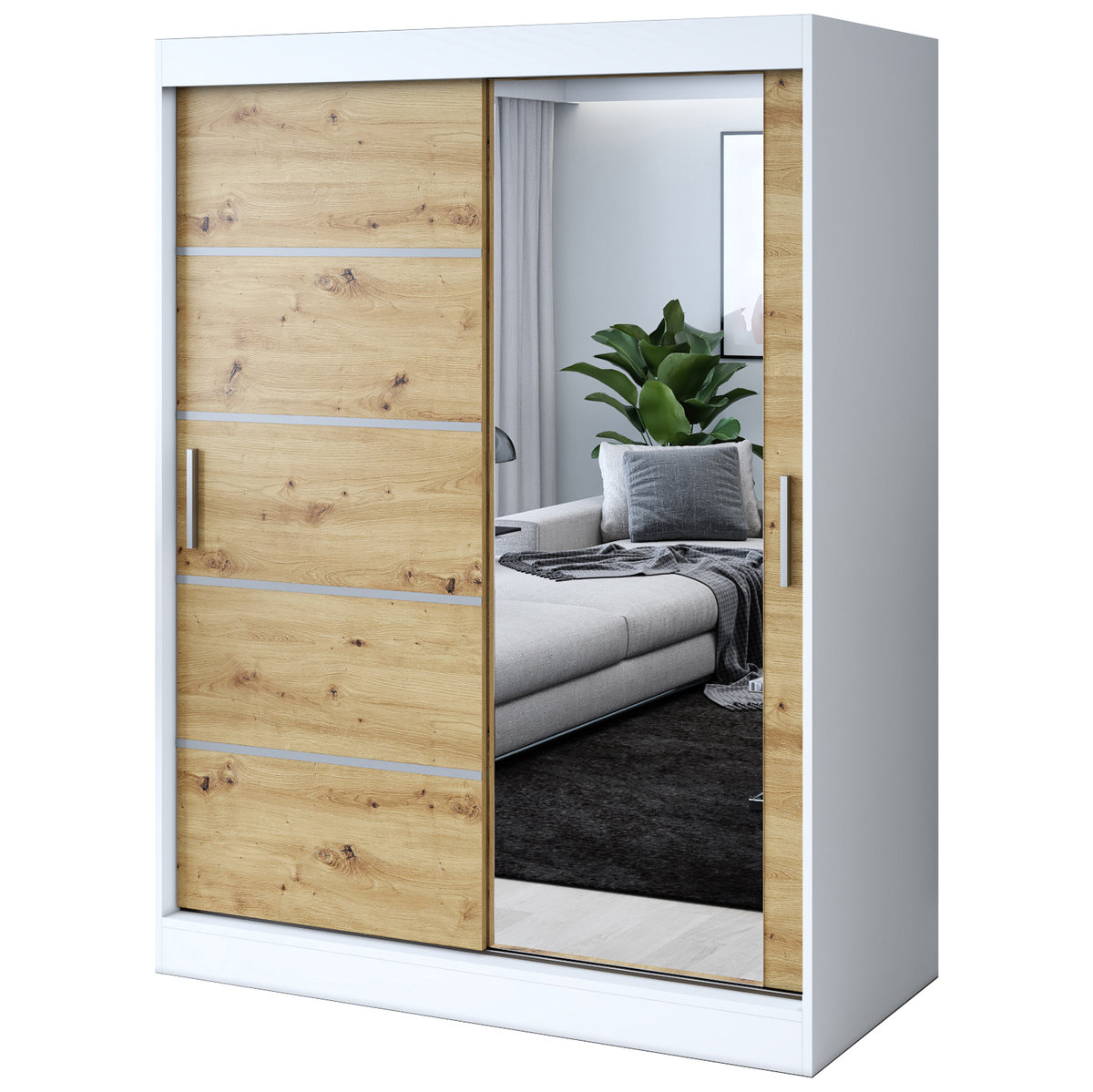 Szafa przesuwna 1 x Lustro 150x200 Pepe , Biały mat / Dąb Artisan