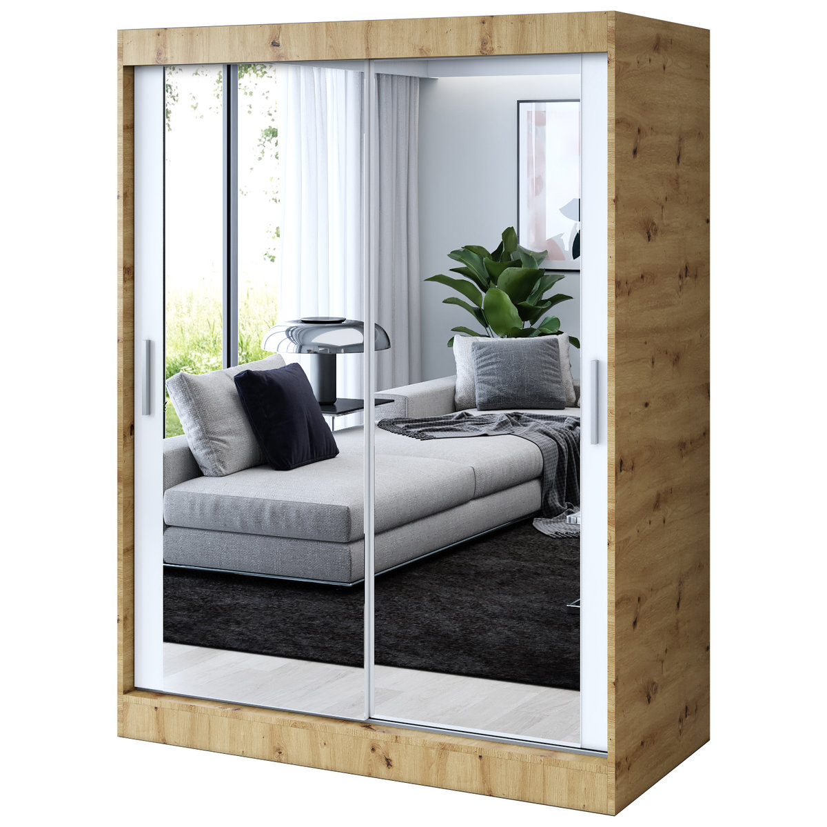 Szafa przesuwna 2 x Lustro 150x200 Karl , Dąb Artisan / Biały mat
