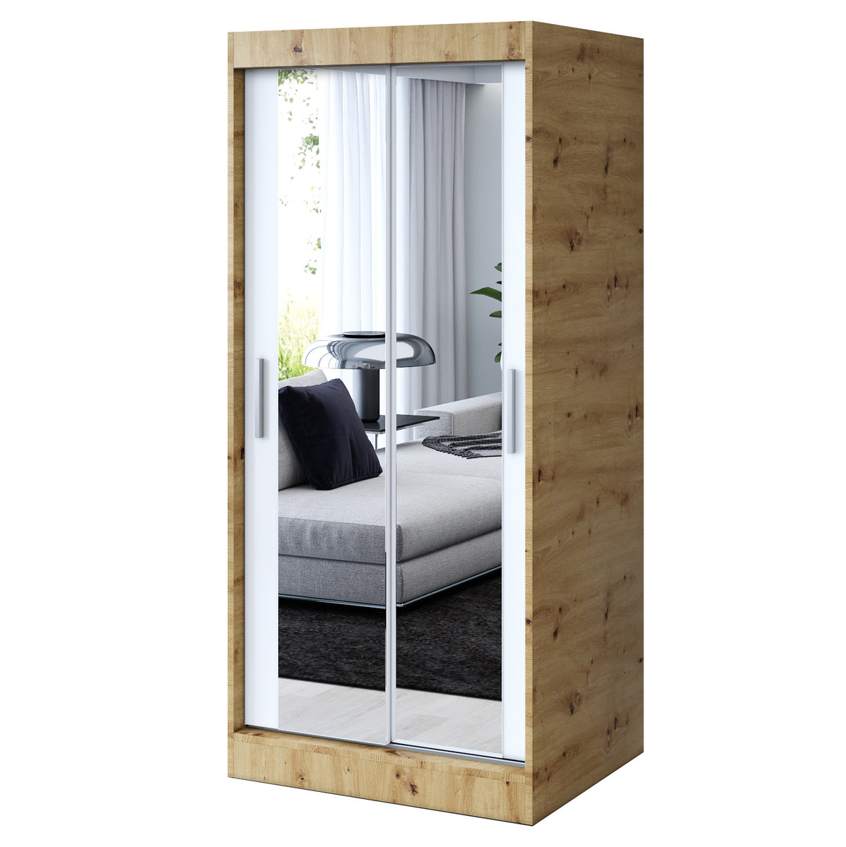 Szafa przesuwna 2x Lustro 90x200 Karl , Dąb Artisan / Biały mat