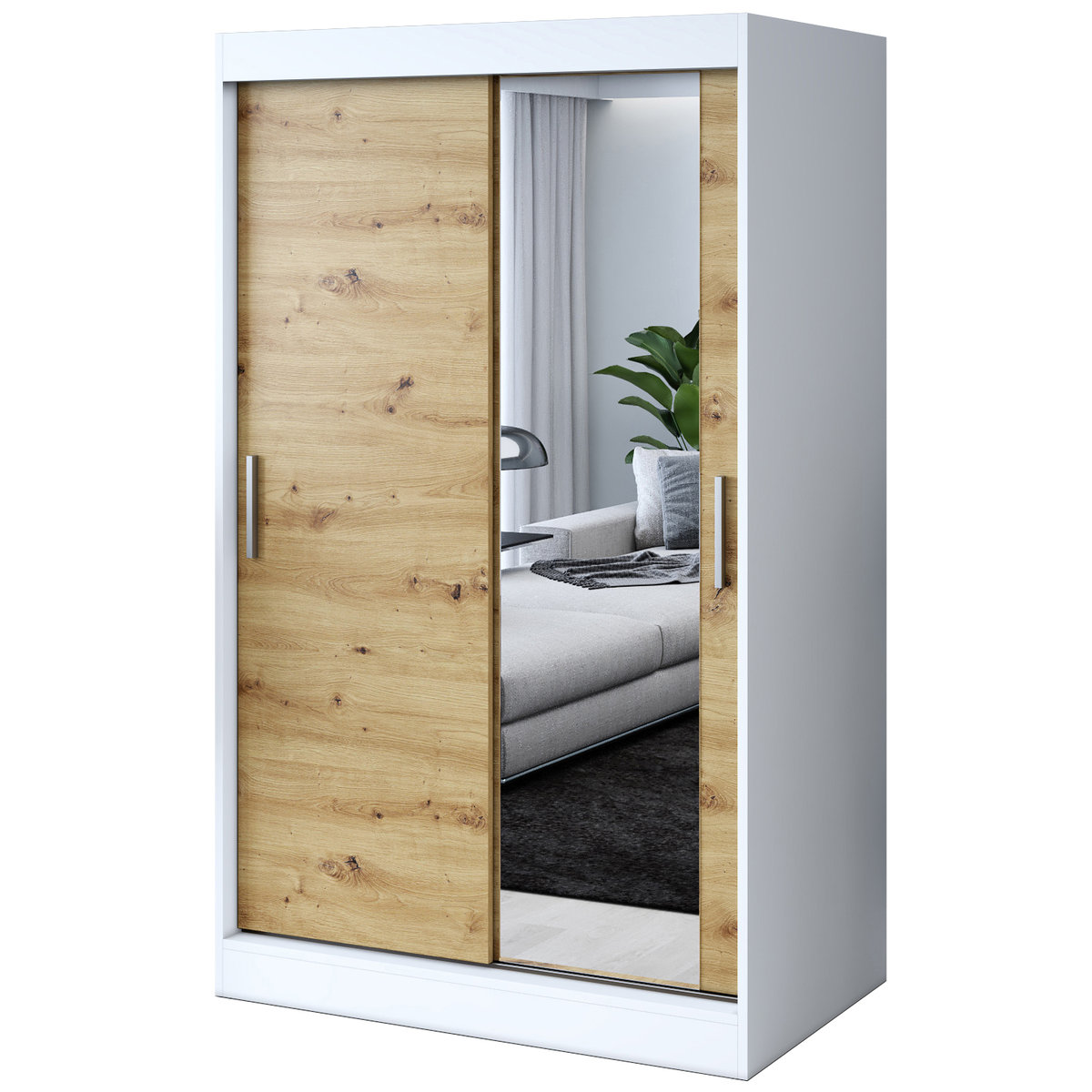 Szafa przesuwna 1 x lustro 120x200 Hugo , Biały mat / Dąb Artisan