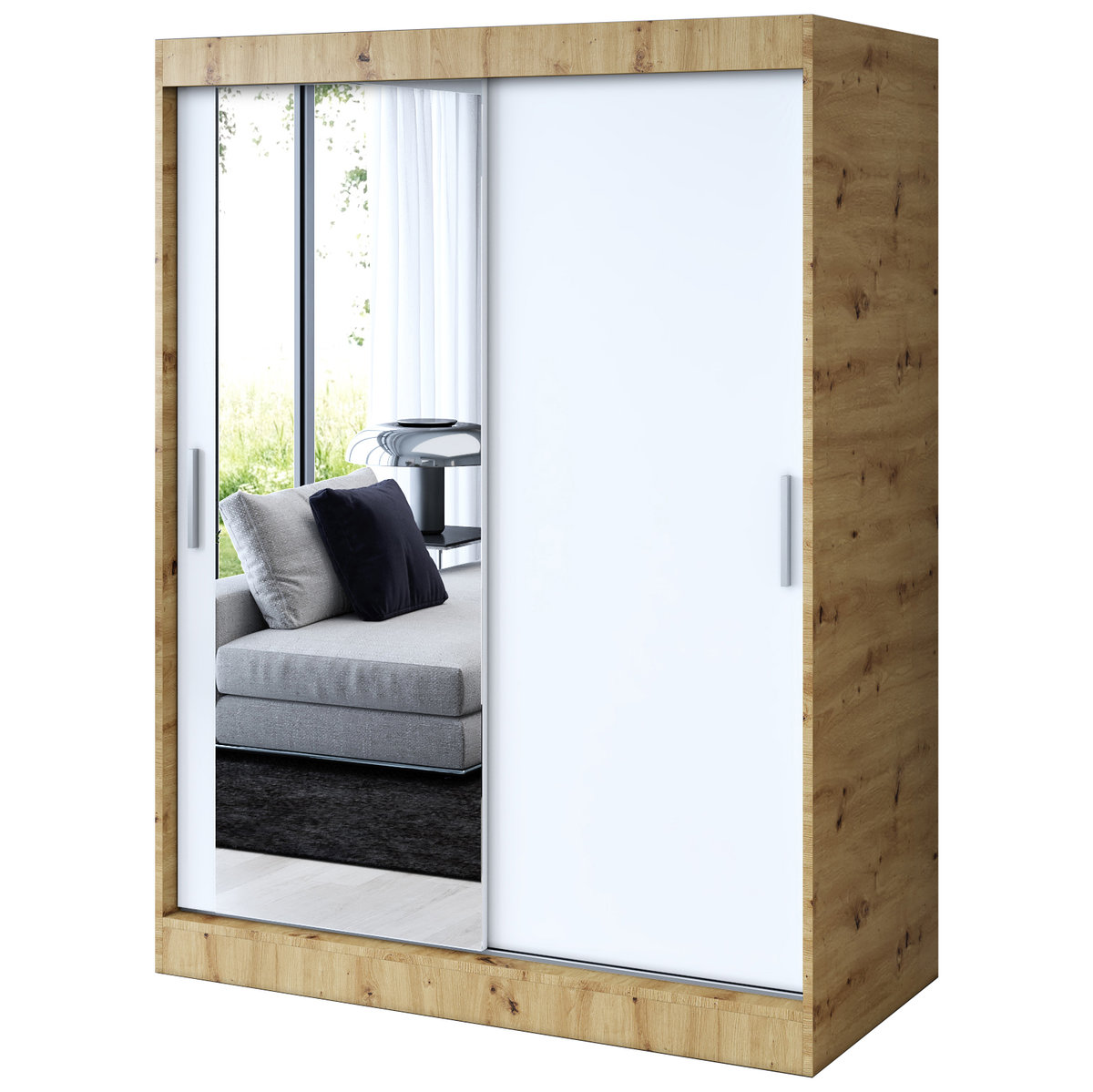Szafa przesuwna 1 x Lustro 150x200 Sofia , Dąb Artisan / Biały mat