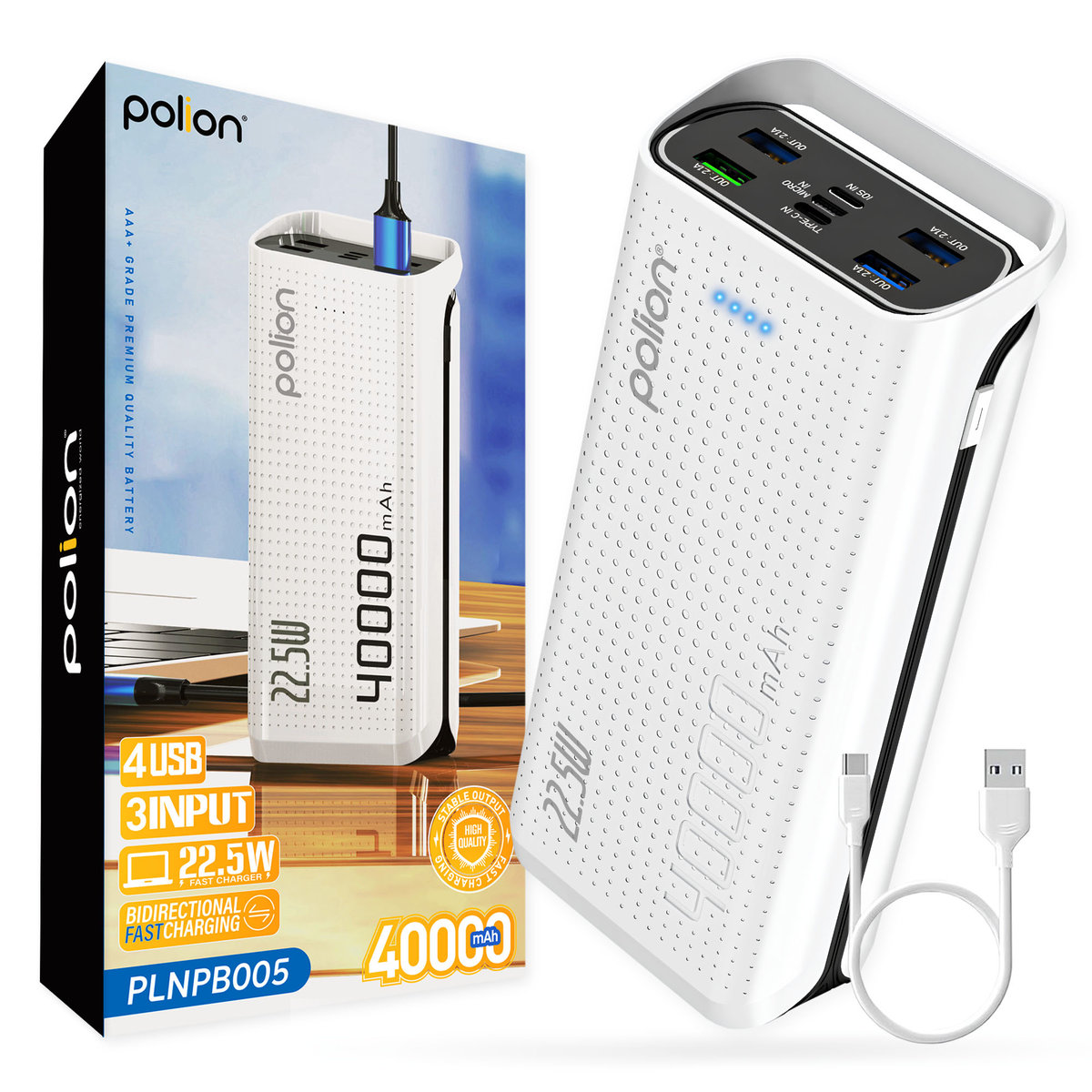 POLION 22.5W 40000mAh USB-C USB-A PD 3.0 QC 3.0 Kabel