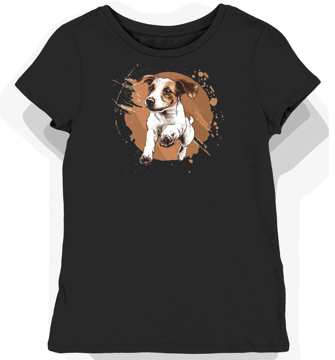 Koszulka damska czarna z nadrukiem skaczącego Jack Russella w bieli i brązie XS