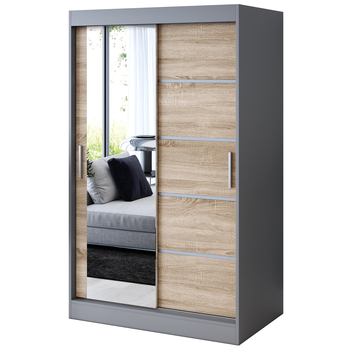 Szafa przesuwna 1 x lustro 120x200 Ralf , Antracyt mat / Dąb Sonoma