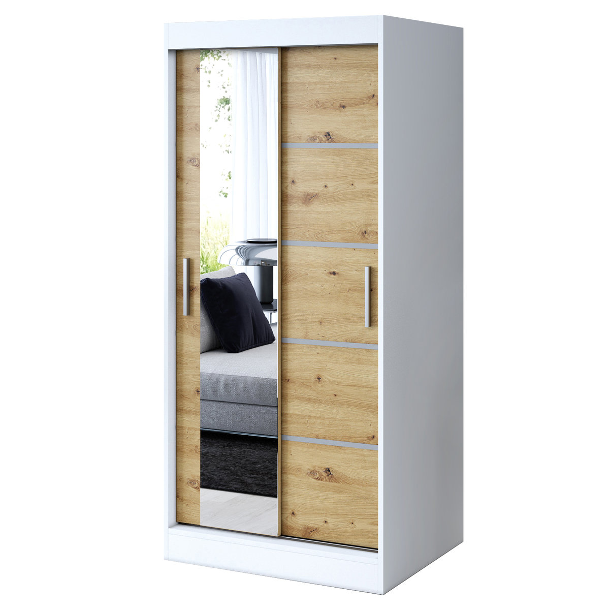 Szafa przesuwna 1x Lustro 90x200 Ralf, Biały Mat/ Dąb Artisan