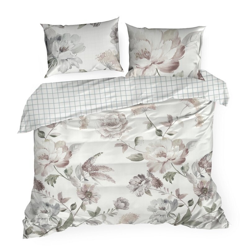 Pościel satynowa 160x200 Rosalia biała beżowa kwiaty Premium