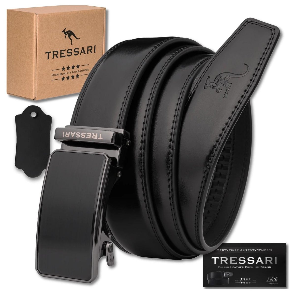 Męski pasek czarny automatyczny 125cm do spodni TRESSARI skóra naturalna