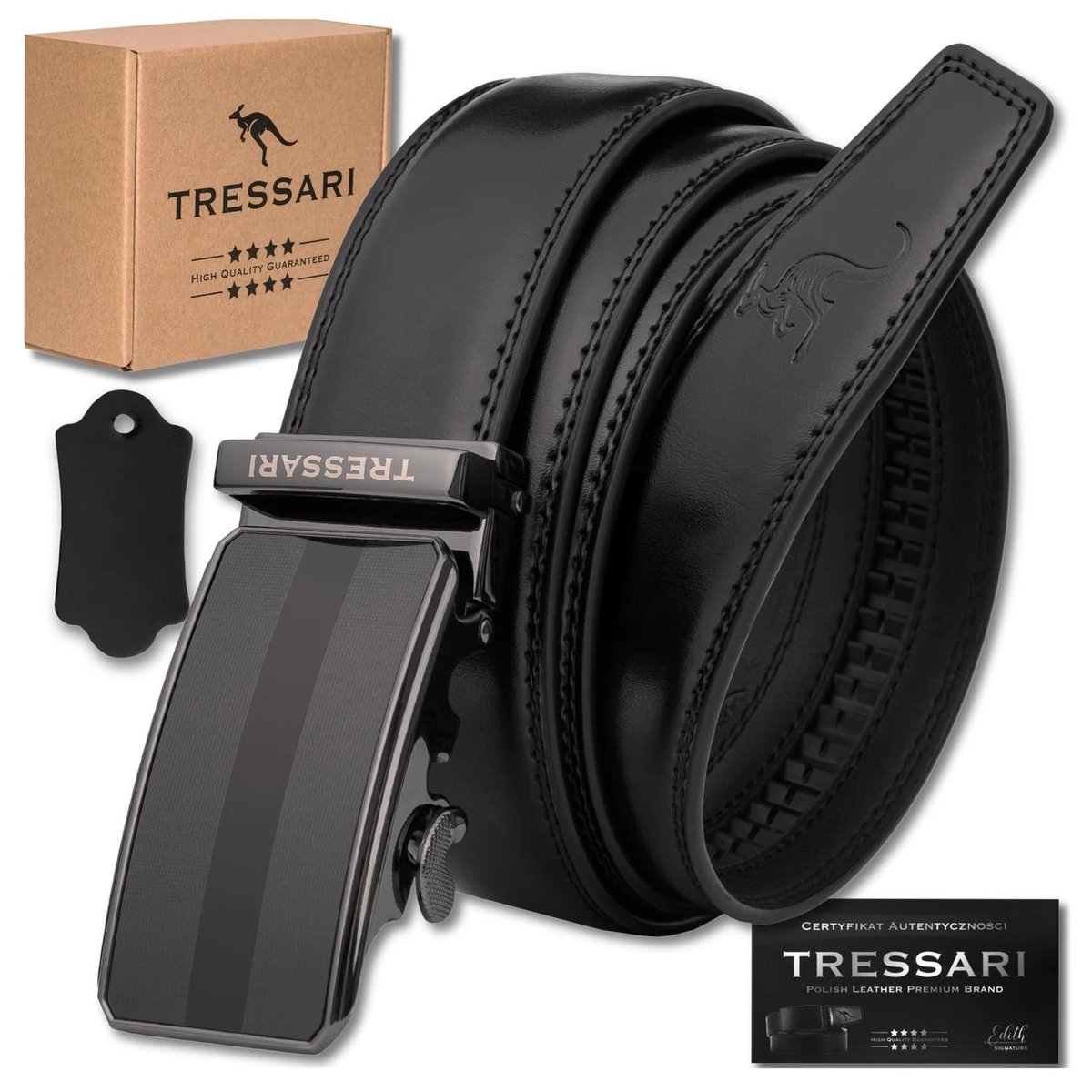 Męski pasek czarny do spodni automatyczny skóra naturalna TRESSARI 125cm