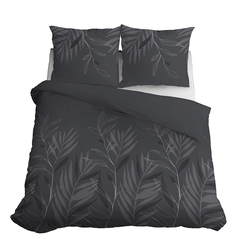Pościel satynowa 160x200 4827b ciemnoszara liście