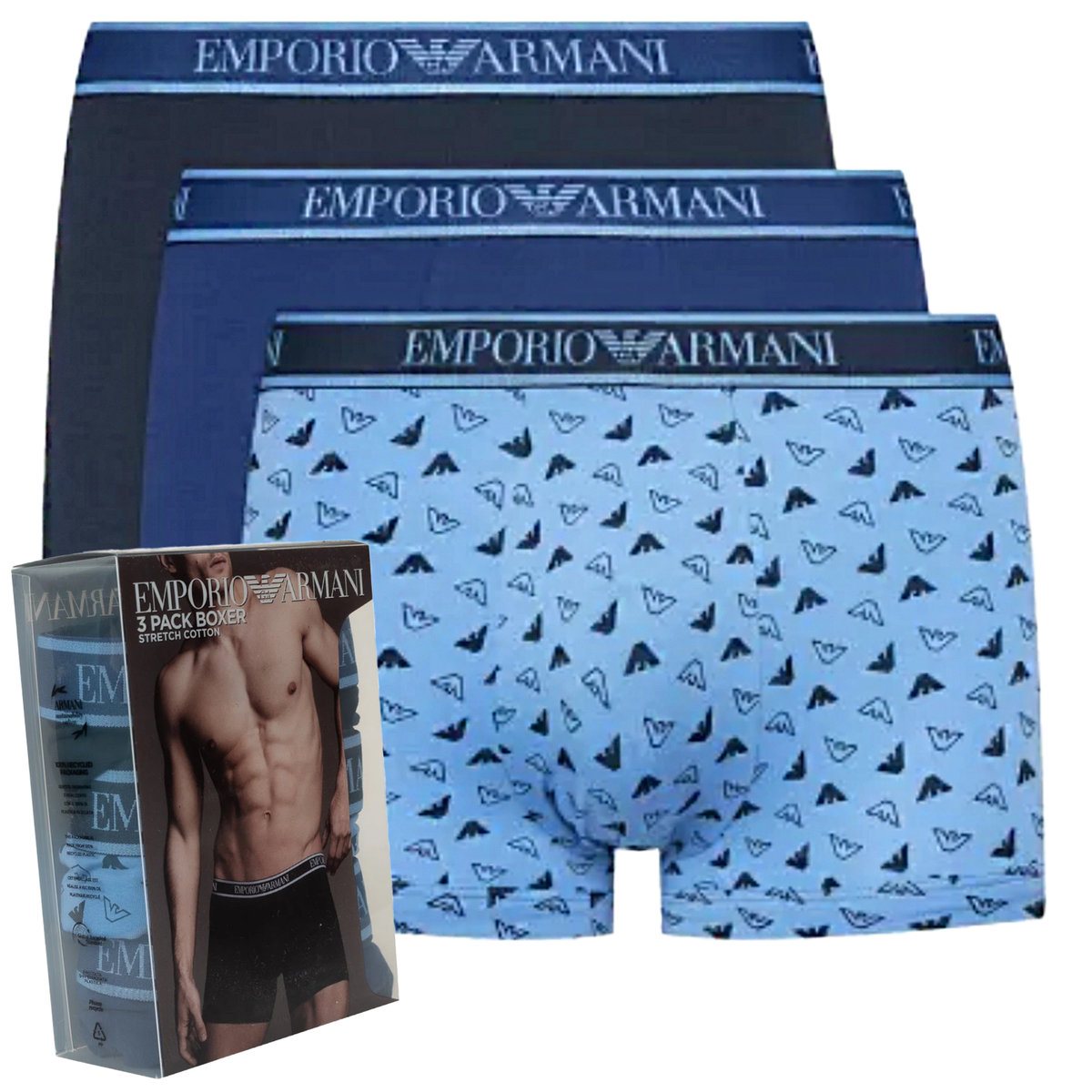 Emporio Armani bokserki majtki męskie 3szt mix czarne, błękitne, granat S