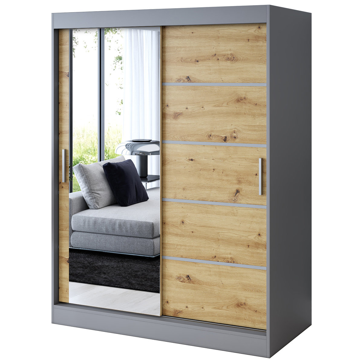 Szafa przesuwna 1 x Lustro 150x200 Ralf , Antracyt mat / Dąb Artisan