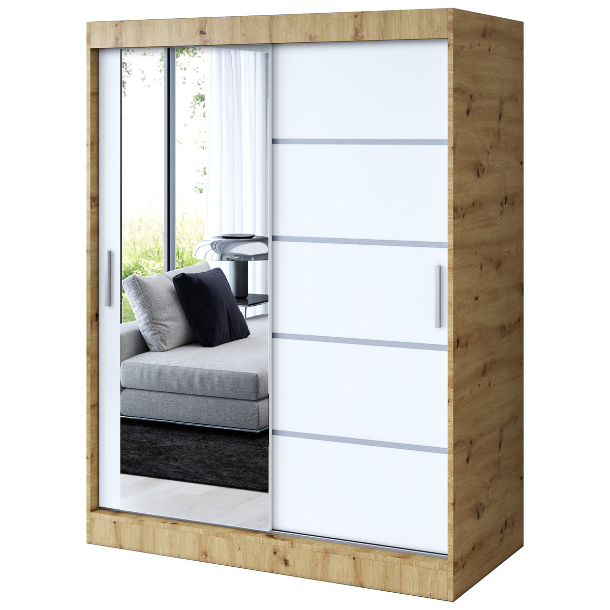 Szafa przesuwna 1 x Lustro 150x200 Ralf , Dąb Artisan / Biały mat