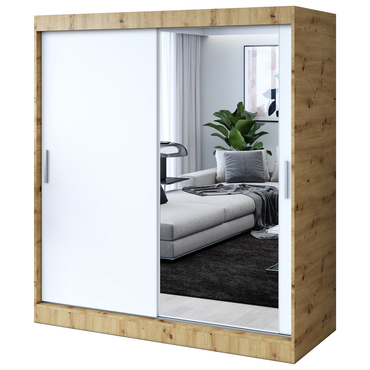 Szafa przesuwna 1 x Lustro 180x200 Hugo , Dąb Artisan / Biały mat