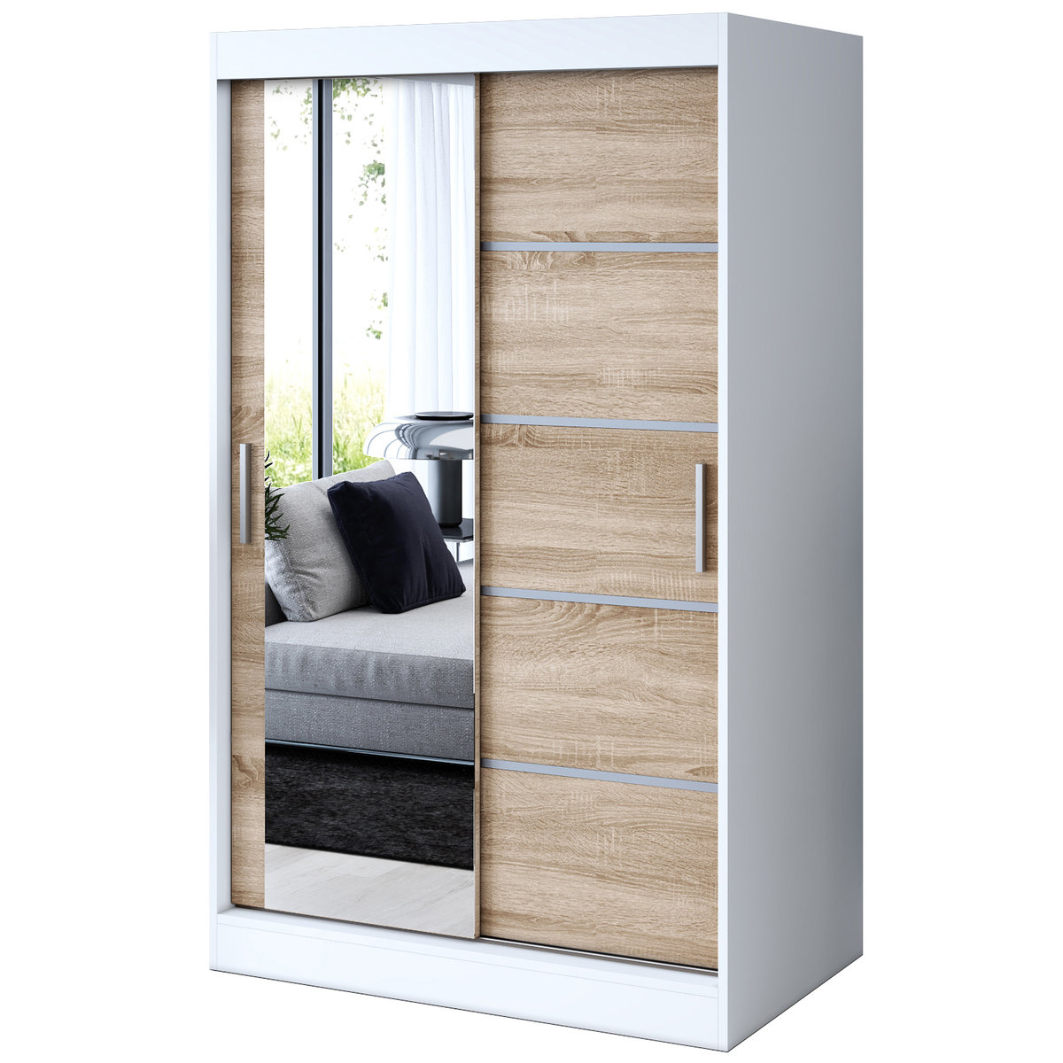 Szafa przesuwna 1 x lustro 120x200 Ralf , Biały mat / Dąb Sonoma