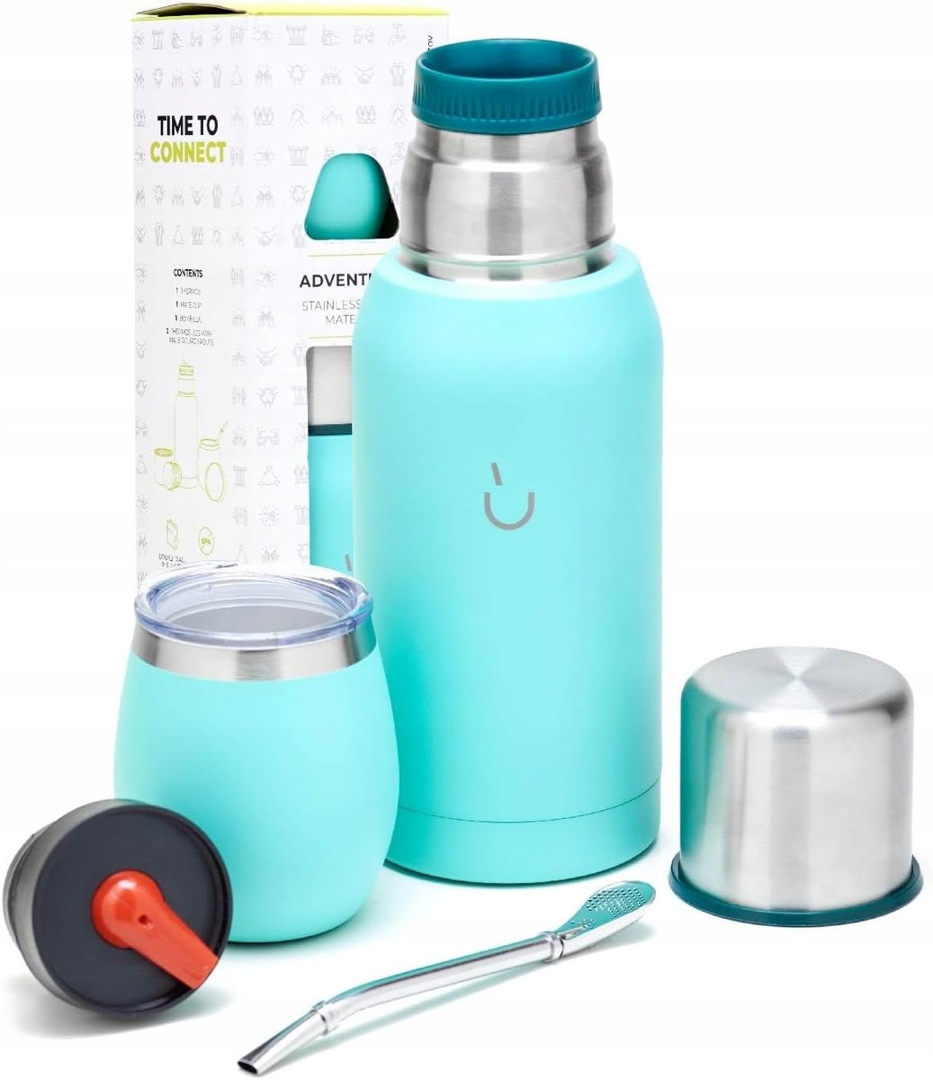 PODRÓŻNY ZESTAW DO YERBA MATE BOMBILLA+ TERMOS 750ml+ KUBEK stal błękitny