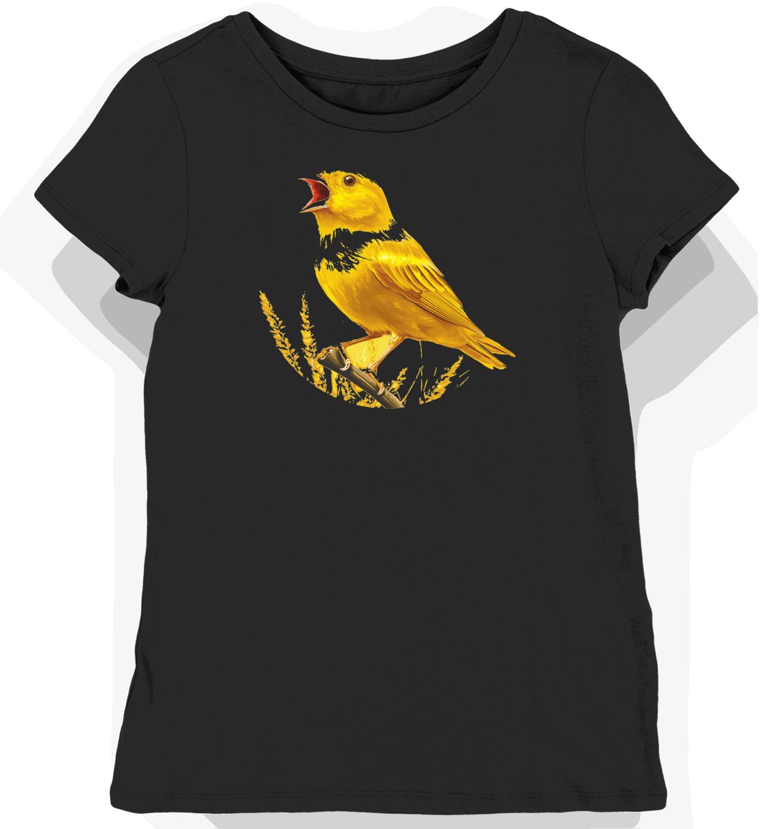 Koszulka damska czarna z motywem żółtego kanarka w polu kwiatów S