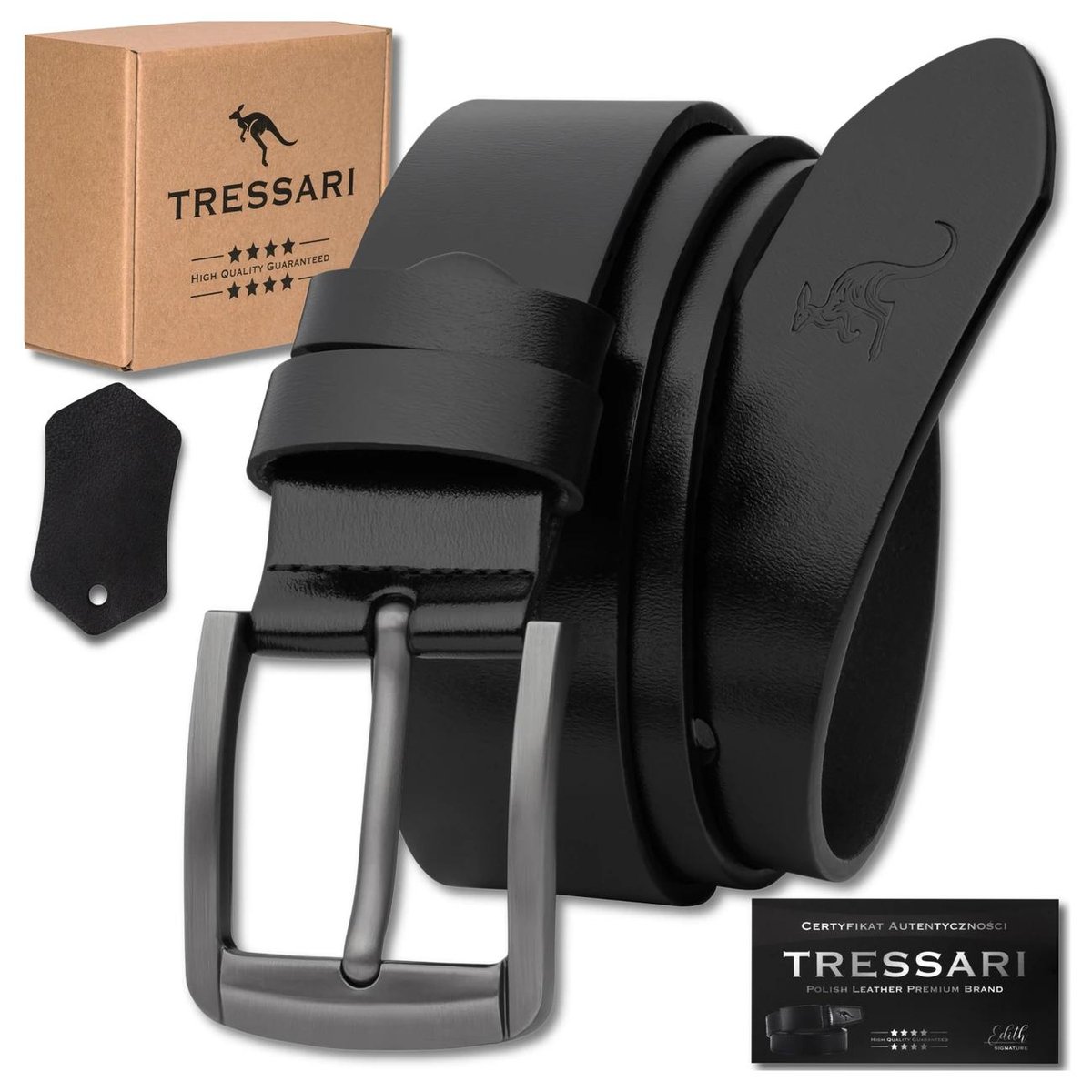 Męski pasek TRESSARI skórzany 100% skóra naturalna czarny do spodni
