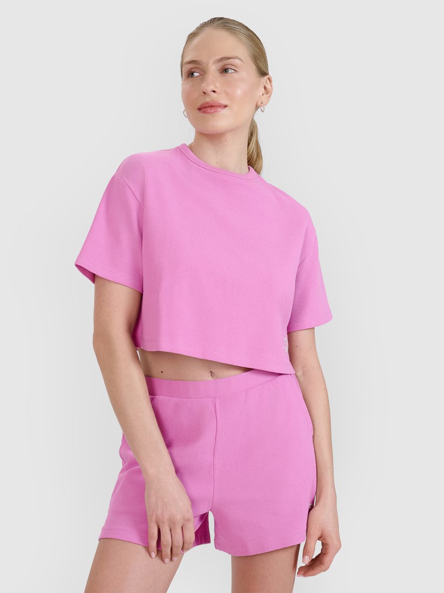 4F T-shirt crop top z waflowej dzianiny damski 4FWSS25TTSHF1977-54S Różowy Roz. L