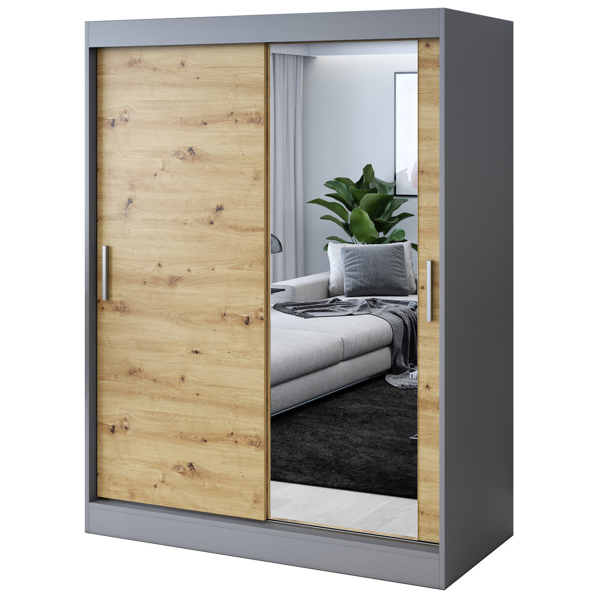 Szafa przesuwna 1 x Lustro 150x200 Hugo , Antracyt mat / Dąb Artisan