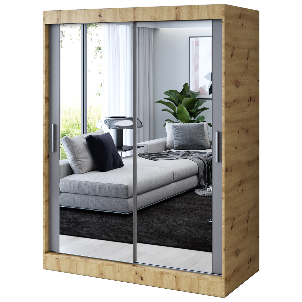 Szafa przesuwna 2 x Lustro 150x200 Karl , Dąb Artisan / Antracyt mat