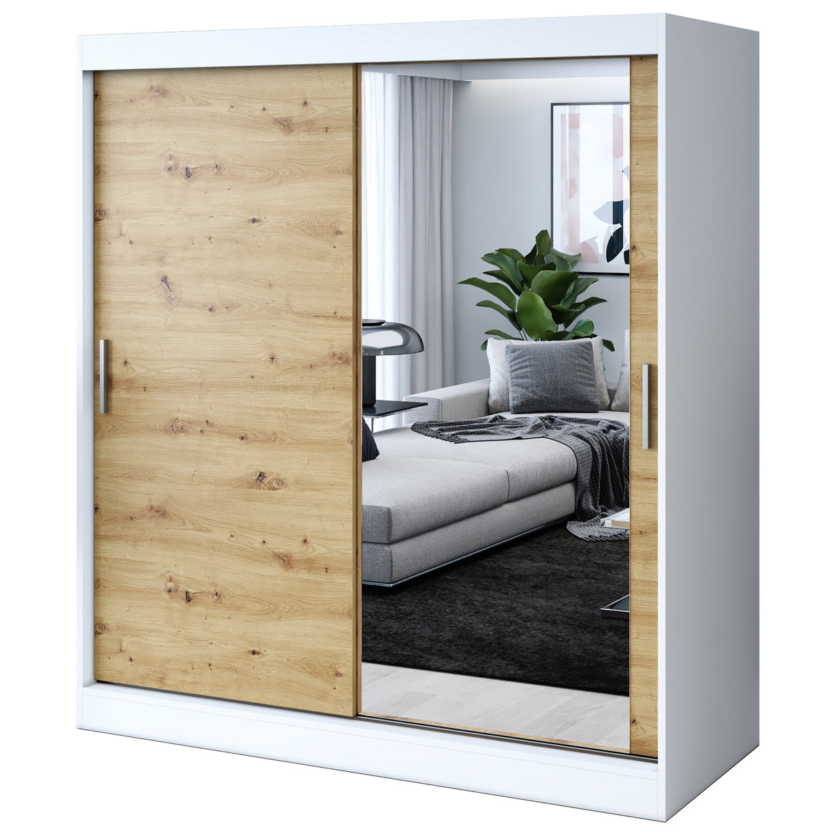 Szafa przesuwna 1 x Lustro 180x200 Hugo , Biały mat / Dąb Artisan