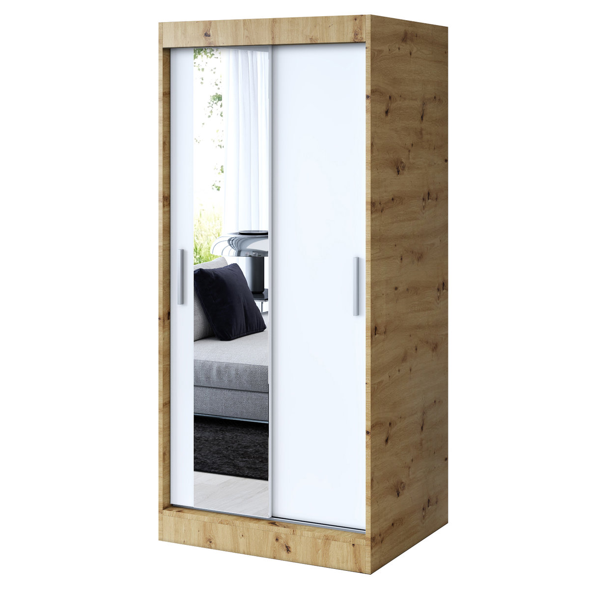 Szafa przesuwna 1x Lustro 90x200 Sofia, Dąb Artisan / Biały mat