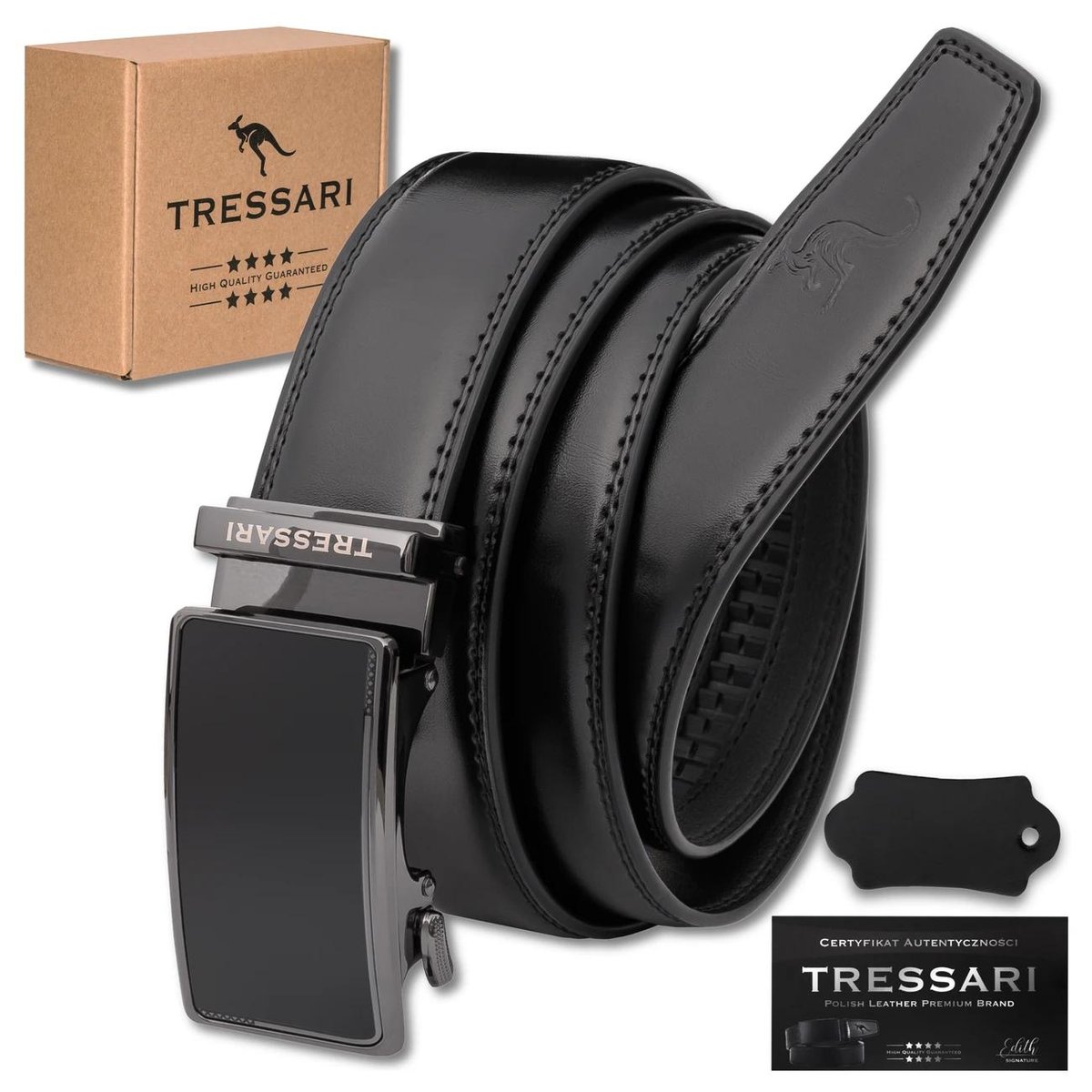 TRESSARI męski pasek automatyczny do spodni 115cm czarny skóra naturalna