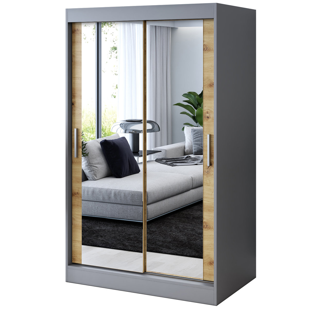 Szafa przesuwna 2 x Lustro 120x200 Karl , Antracyt mat / Dąb Artisan