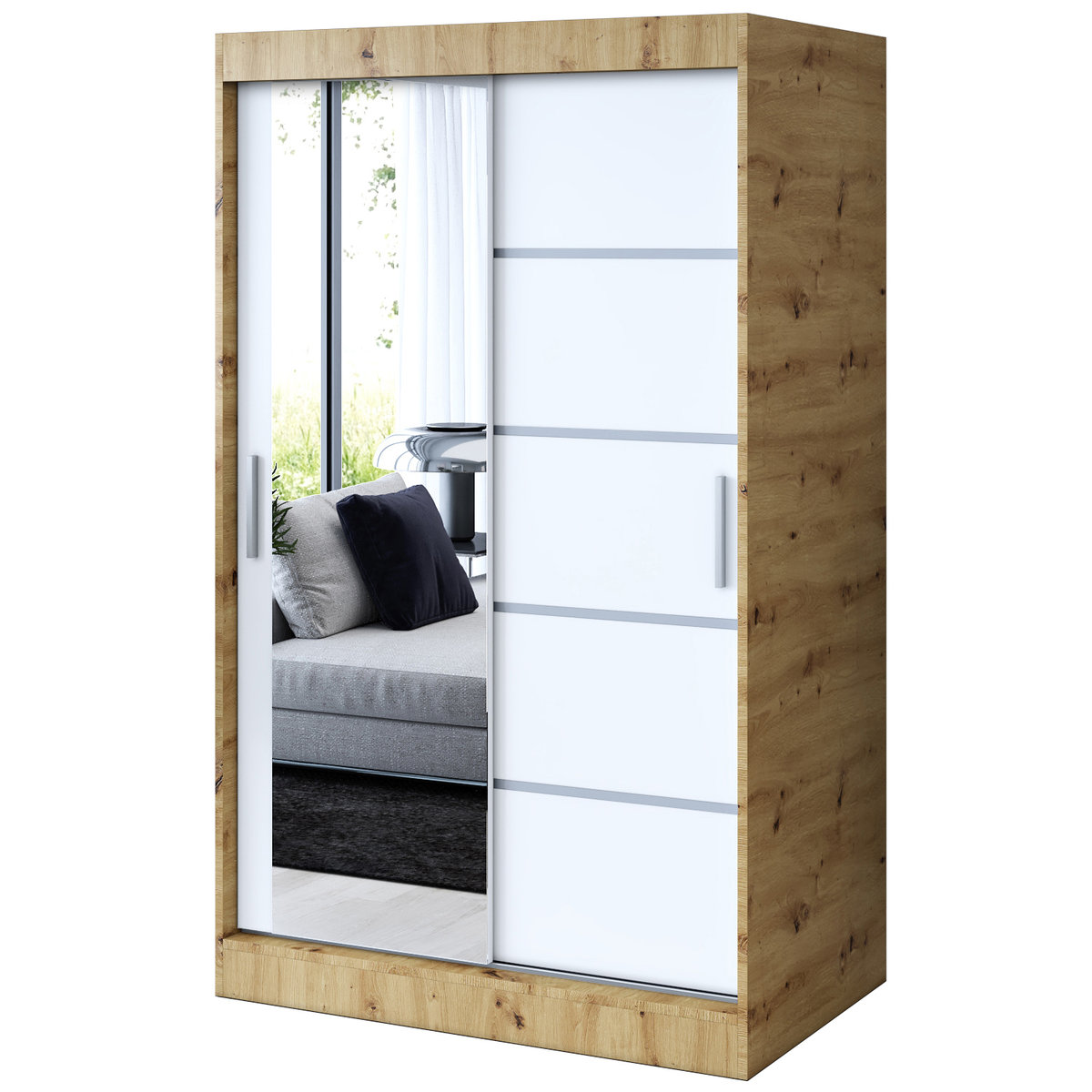 Szafa przesuwna 1 x lustro 120x200 Ralf , Dąb Artisan / Biały mat