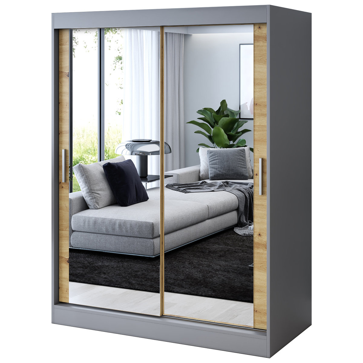 Szafa przesuwna 2 x Lustro 150x200 Karl , Antracyt mat / Dąb Artisan
