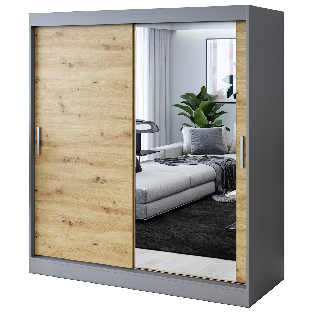 Szafa przesuwna 1 x Lustro 180x200 Hugo , Antracyt mat / Dąb Artisan