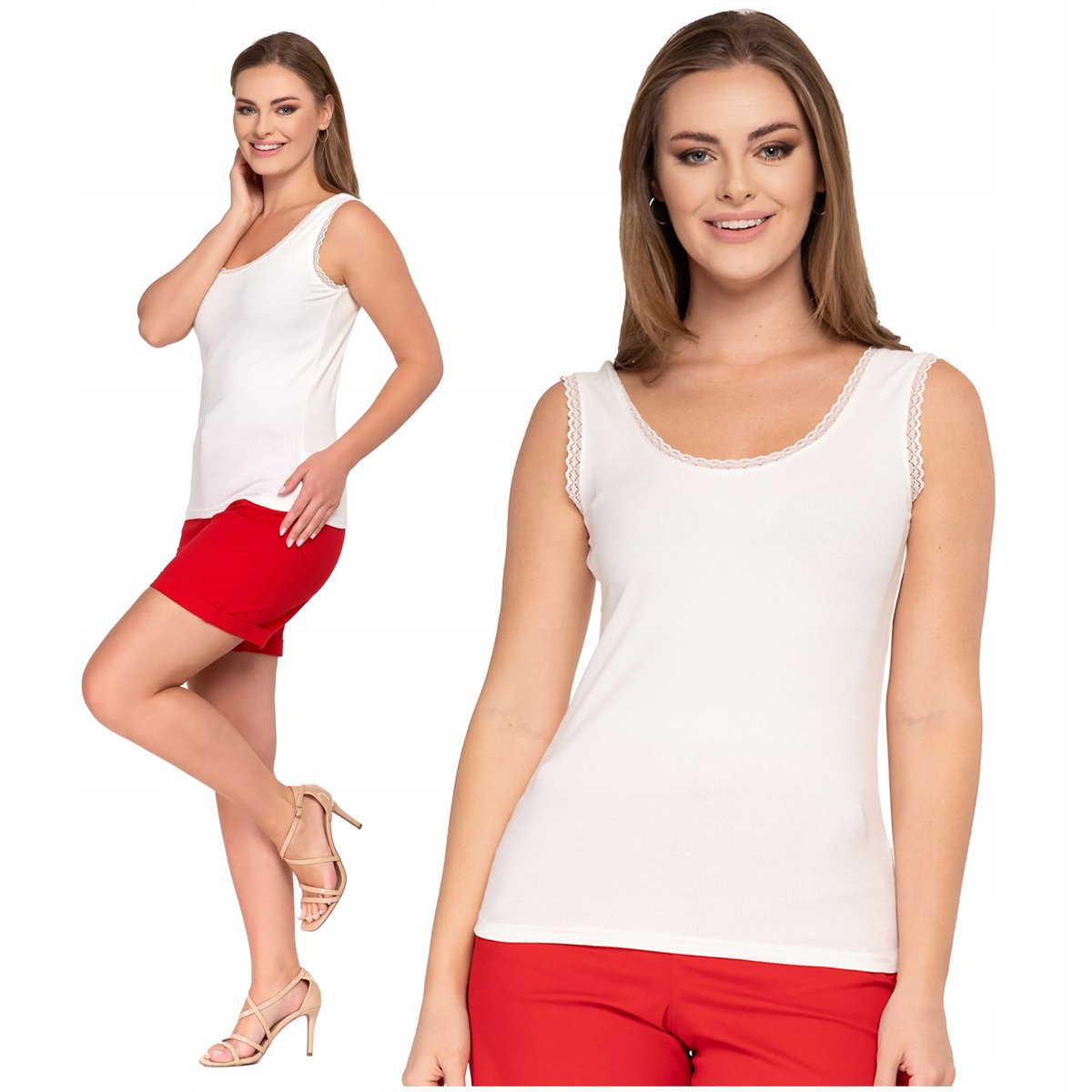 Elegancki TOP DAMSKI Bokserka Koronkowe Wykończenie Prążkowany MORAJ M