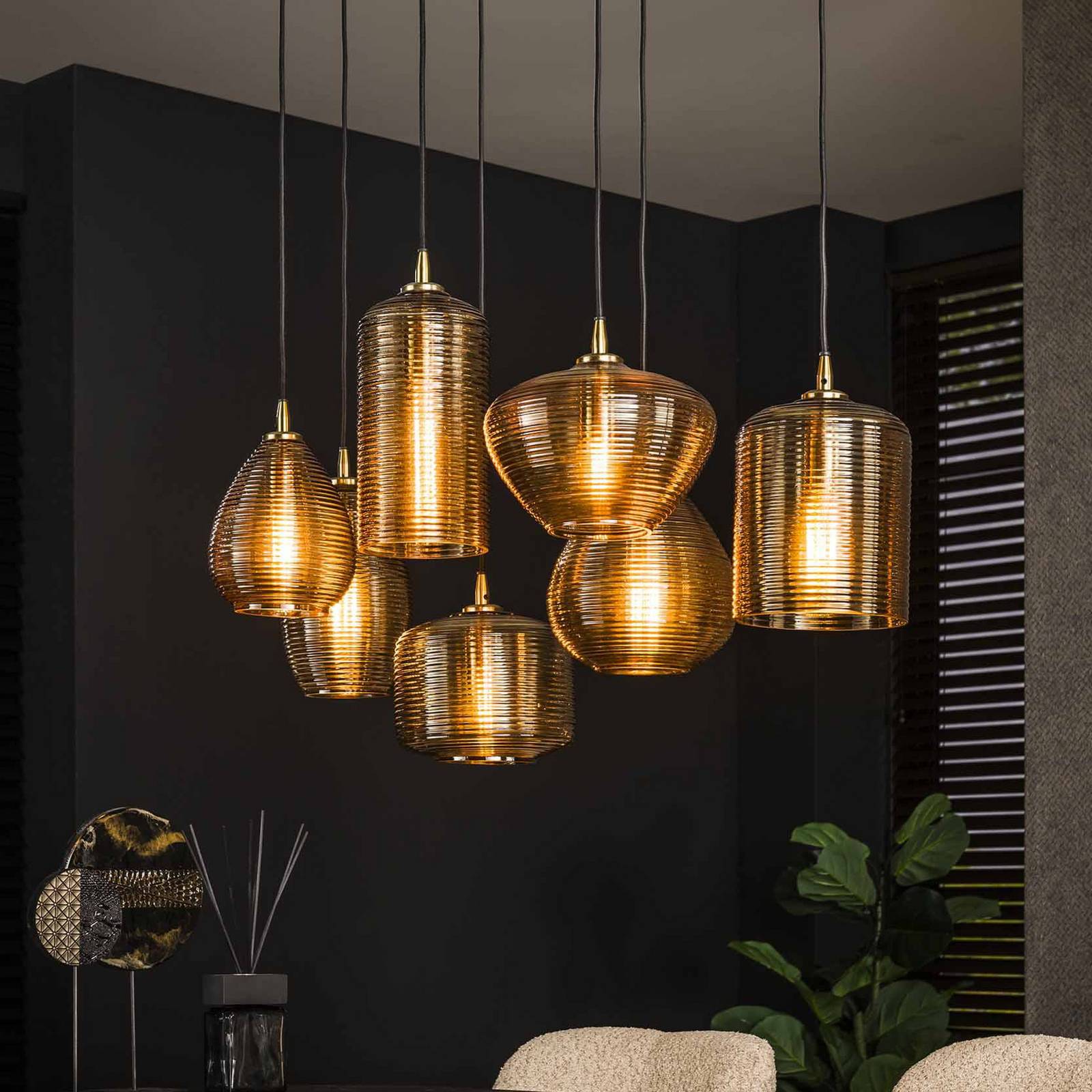 ZIJLSTRA Lampa wisząca szklana Stripeglas mix, możliwość ściemniania, kremowy / amber, salon / jadalnia, szkło