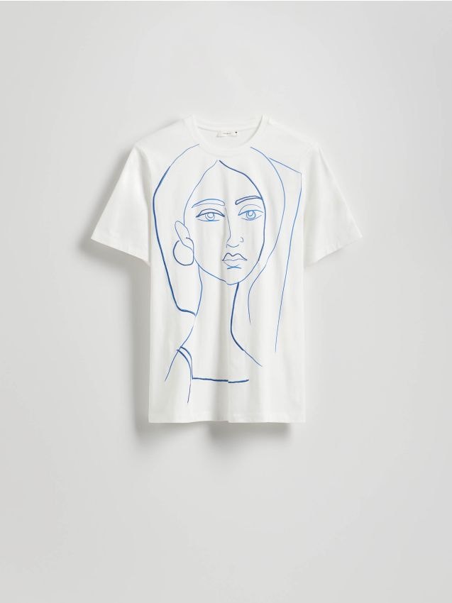 Reserved - Bawełniany T-shirt z haftem - biały