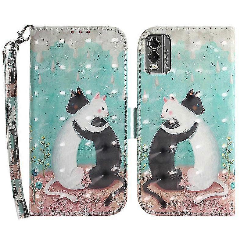 Kompatybilny Nokia C32 Pattern Design Folio Cover Pu Skórzany stojak Portfel Etui na telefon z paskiem-1 Dwa koty