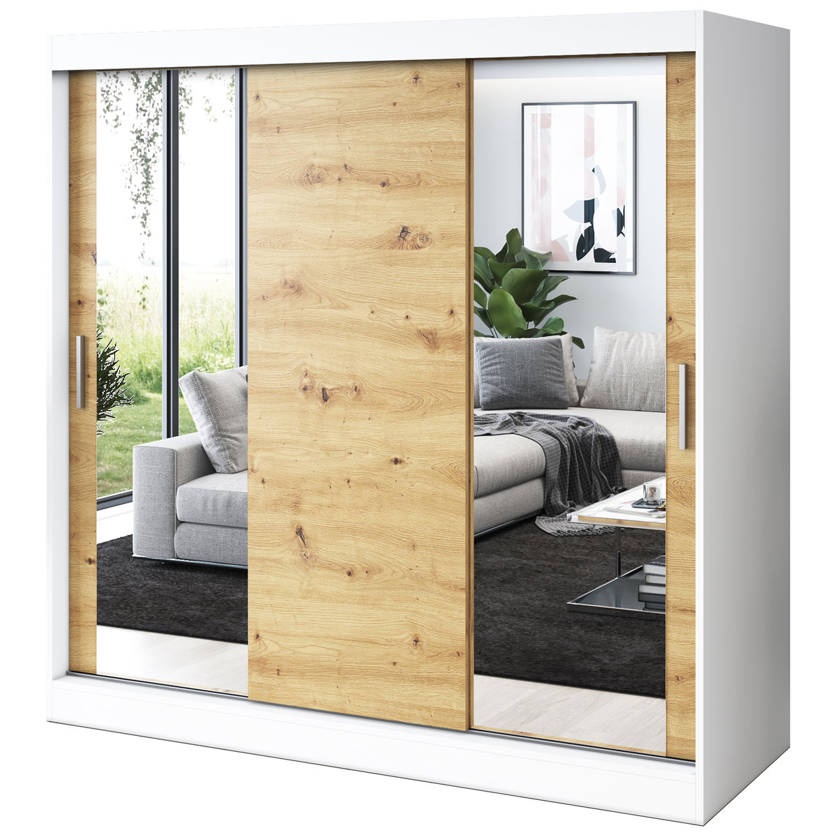 Szafa przesuwna 2x Lustro 200x200 Sofia , Biały mat / Dąb Artisan
