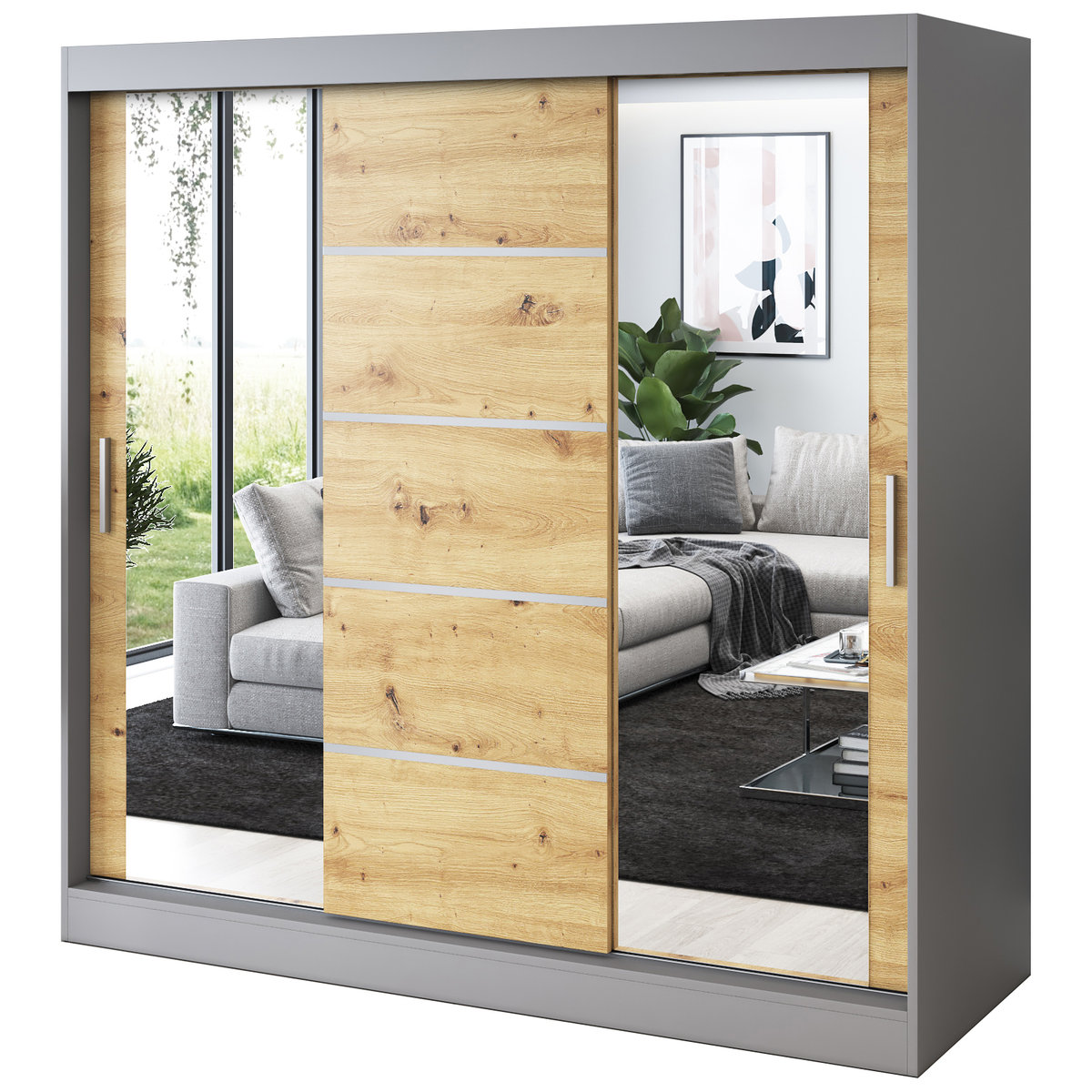 Szafa przesuwna 2 x Lustro 200x200 Ralf , Antracyt mat / Dąb Artisan