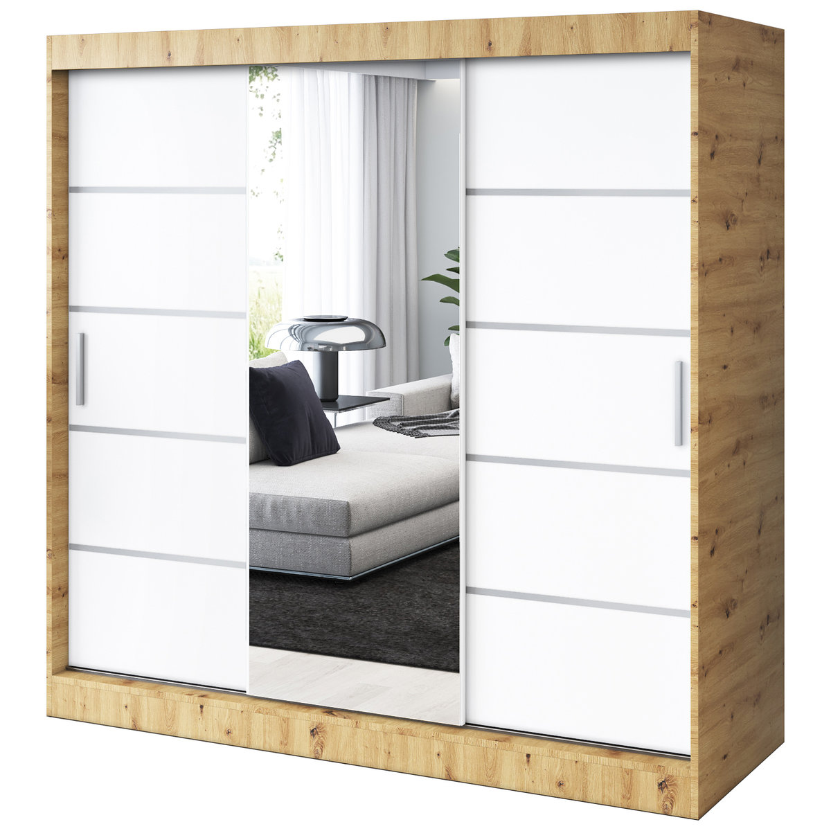 Szafa przesuwna 1 x Lustro 200x200 Pepe , Dąb Artisan / Biały mat