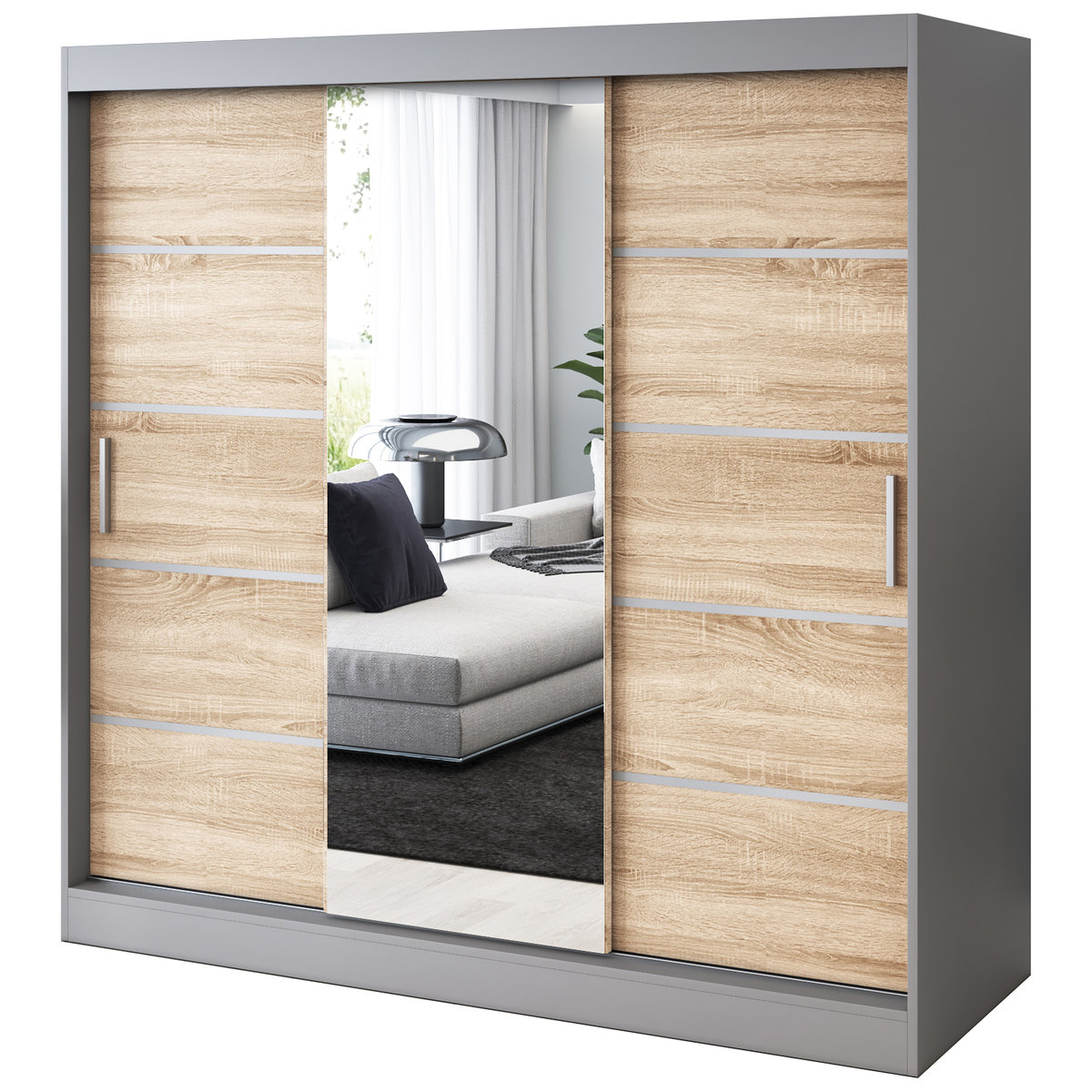 Szafa przesuwna 1 x Lustro 200x200 Pepe , Antracyt mat / Dąb Sonoma