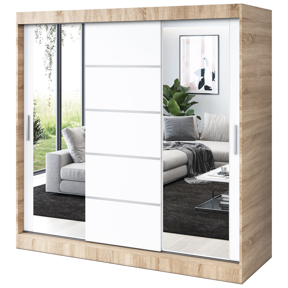 Szafa przesuwna 2 x Lustro 200x200 Ralf , Dąb Sonoma / Biały mat