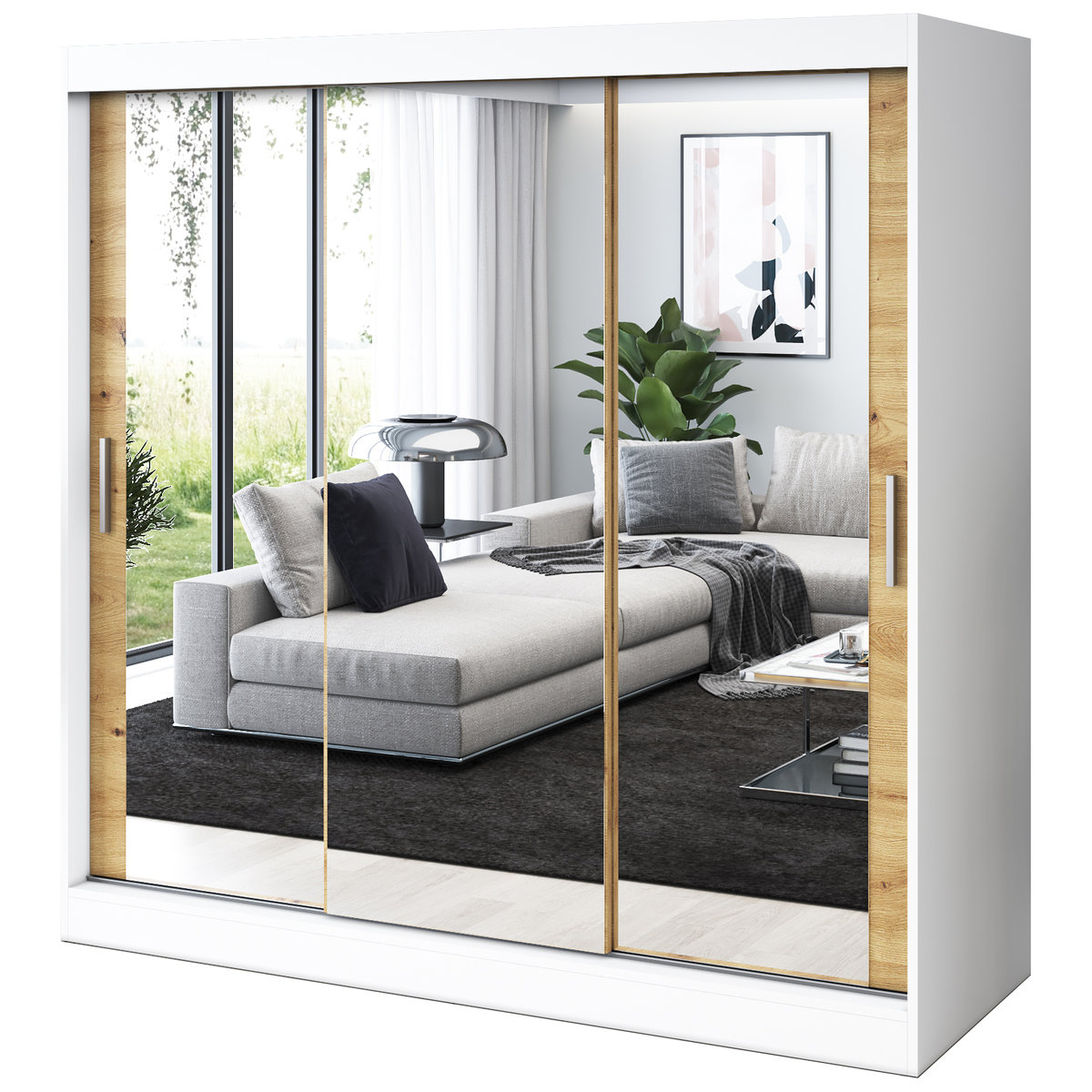 Szafa przesuwna 3x Lustro 200x200 Karl, Biały mat / Dąb Artisan